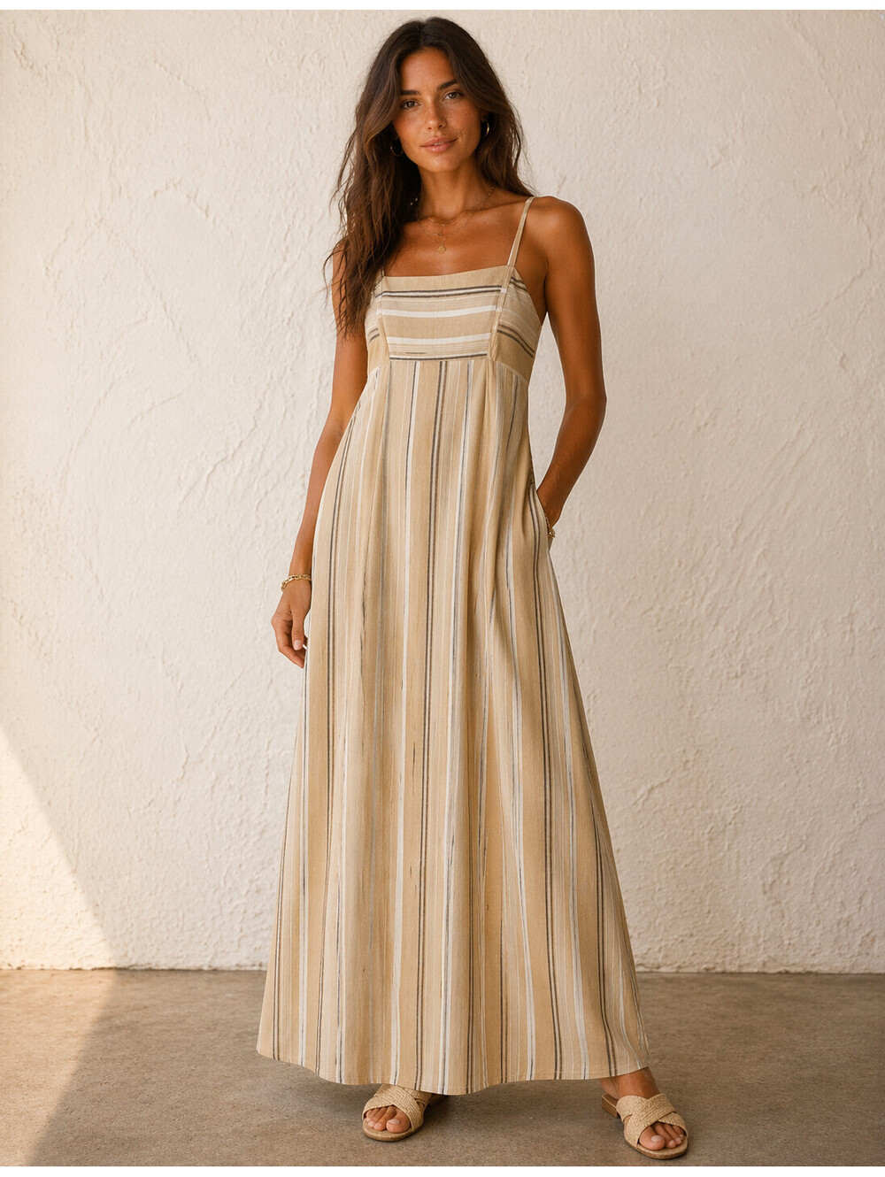 CeCe XS Striped Maxi Sundress NWT Beige Cotton Pockets Adjustable Straps